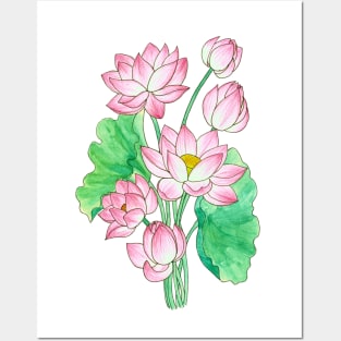 Pink Watercolor Lotus Illustration Posters and Art